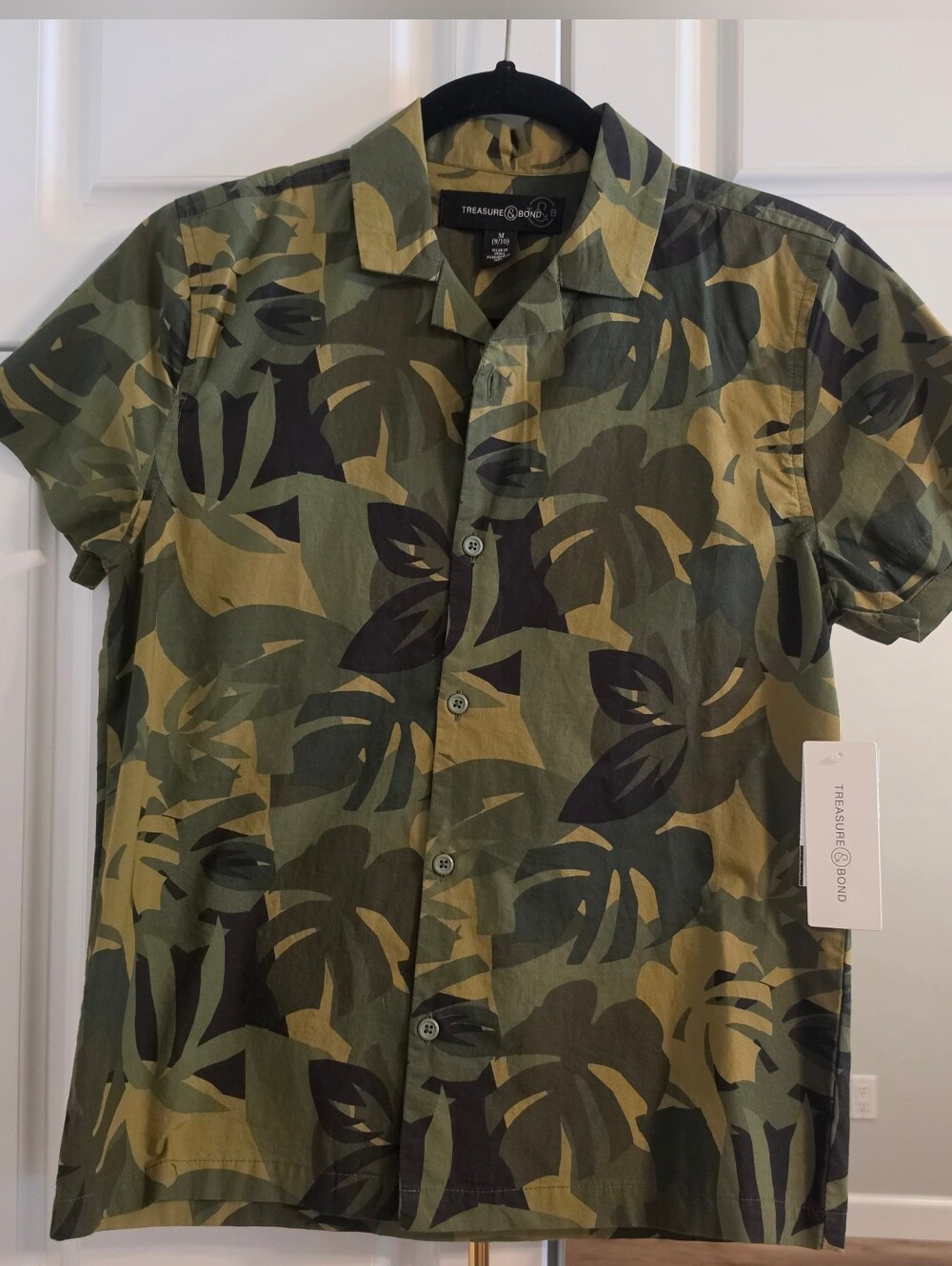 Treasure & Bond Boy's Olive and Khaki Leaf-Print Short-Sleeve Shirt